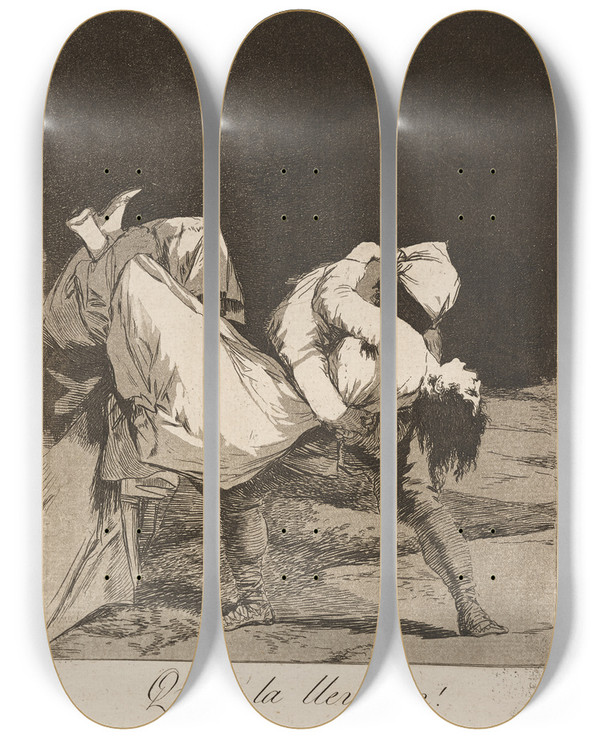 Triptych art skateboard deck of Francisco De Goya Que Se La Llevaron They Carried Her Off by Francisco de Goya (1746-1828)