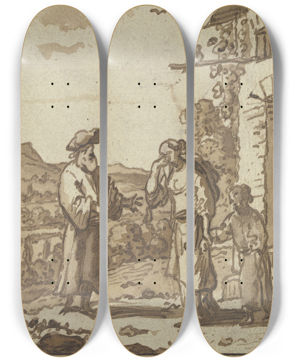 Triptych art skateboard deck of Christian Wilhelm Ernst Dietrich Abrahams Verstoung Der Hagar by Christian Wilhelm Ernst Dietrich (1712-1774)