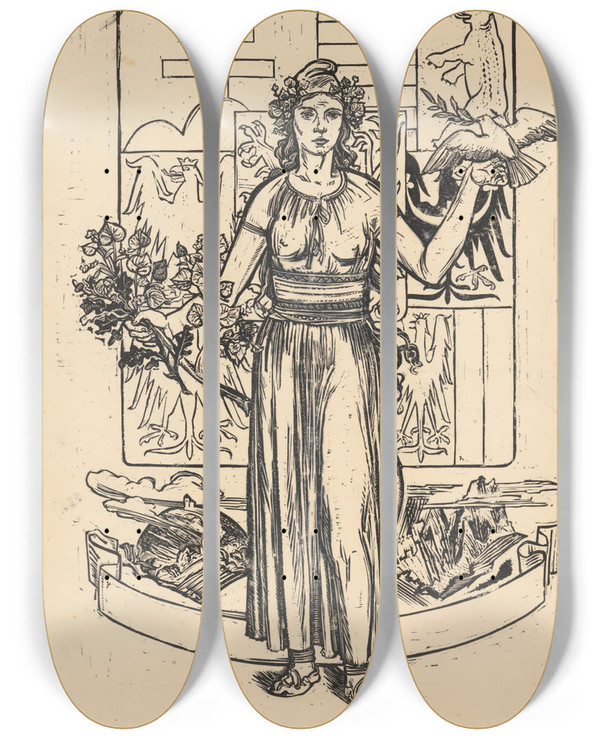 Triptych art skateboard deck of Jn Novk Alegorick Motv by Jan Novak (1921-1944)