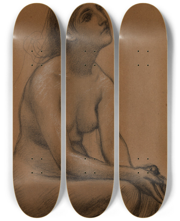 Triptych art skateboard deck of Pierre Puvis De Chavannes Femme Nue Assise_1 by Pierre Puvis De Chavannes (1824-1898)