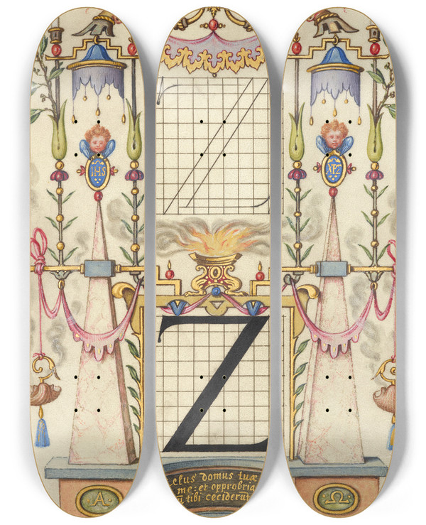 Triptych art skateboard deck of Joris Hoefnagel Guide For Constructing The Letter Z by Joris Hoefnagel (1542-1600)