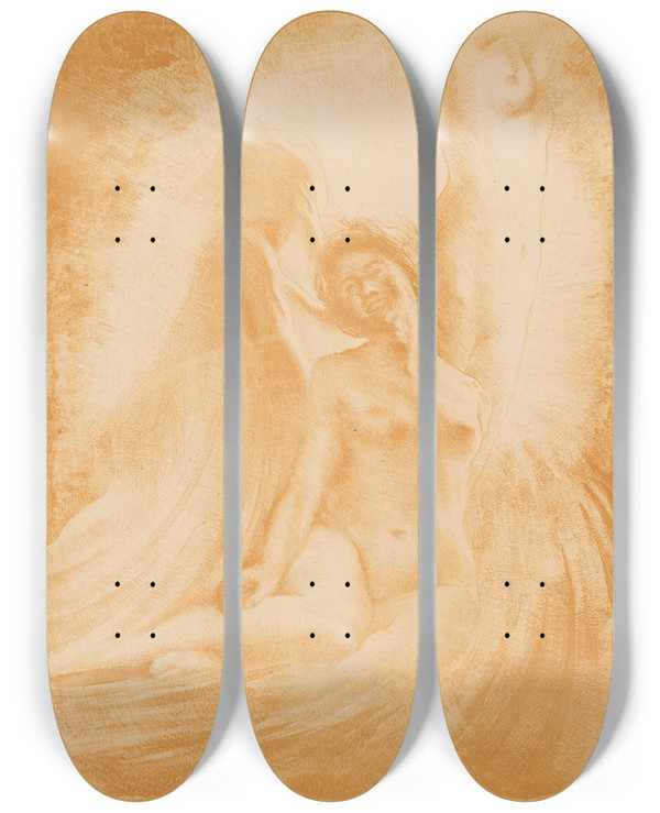 Triptych art skateboard deck of Huib Luns Drie Naakte Nornen by Huib Luns (1881-1942)