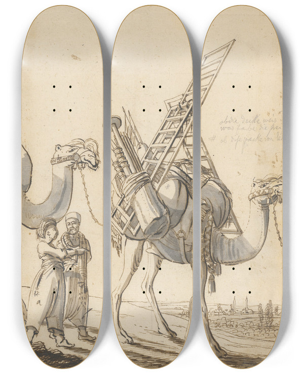 Triptych art skateboard deck of Philipp Ferdinand Von Gudenus Ein Mit Einem Zelt Beladenes Cameel Man With A Tentladencamel by Philipp Ferdinand Von Gudenus (1688-1754)