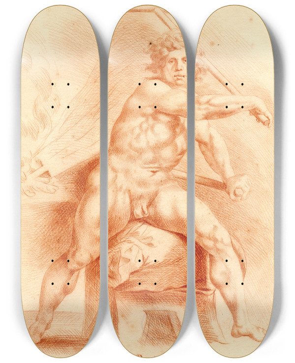 Triptych art skateboard deck of Cornelis Pronk Tekening Van Zittende Naakte Man Met Blaasbalg by Cornelis Pronk (1691-1759)