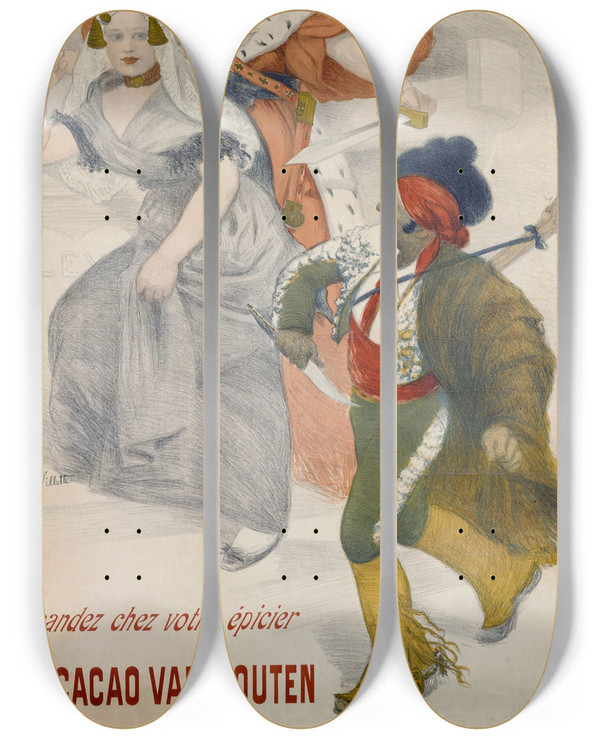Triptych art skateboard deck of Adolphe Lon Willette Demandez Chez Votre Picier Le Cacao Van Houten by Adolphe Leon Willette (1857-1926)