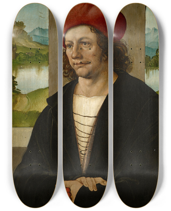 Triptych art skateboard deck of Hans Leonhard Schufelein Portrait Of A Man With Red Cap by Hans Leonhard Schaufelein (1480-1540)