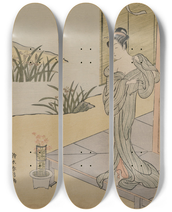 Triptych art skateboard deck of Suzuki Harunobu Young Woman Looking At A Pot Of Pinks by Suzuki Harunobu (1724-1770)