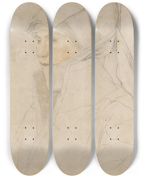 Triptych art skateboard deck of Hans Holbein The Younger Portrait Of Dorothea Meyer Ne Kannengiesser by Hans Holbein The Younger (1497-1543)