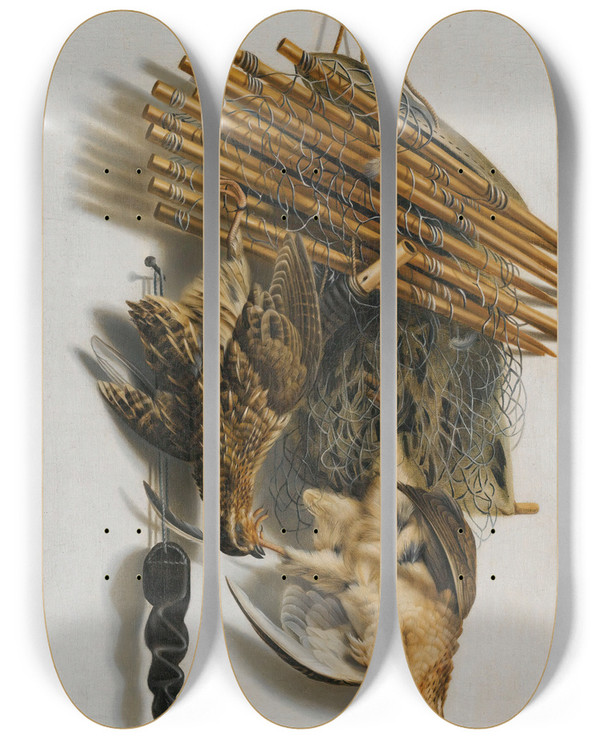 Triptych art skateboard deck of Jacobus Biltius A Trompe Loeil Still Life With Two Quails A Birdnet And A Whistle by Jacobus Biltius (1633-1681)