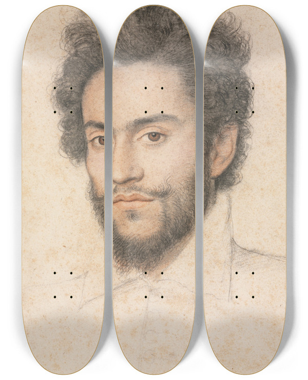 Triptych art skateboard deck of Franois Quesnel Young Man With A Beard by Francois Quesnel (1543-1619)