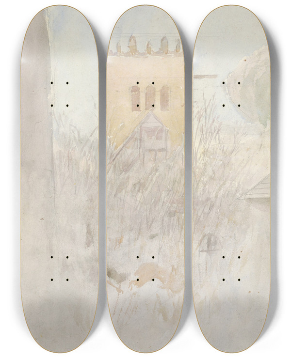 Triptych art skateboard deck of Ladislav Mednynszky The Bell Tower In Strky Ii by Ladislav Mednyanszky (1852-1919)