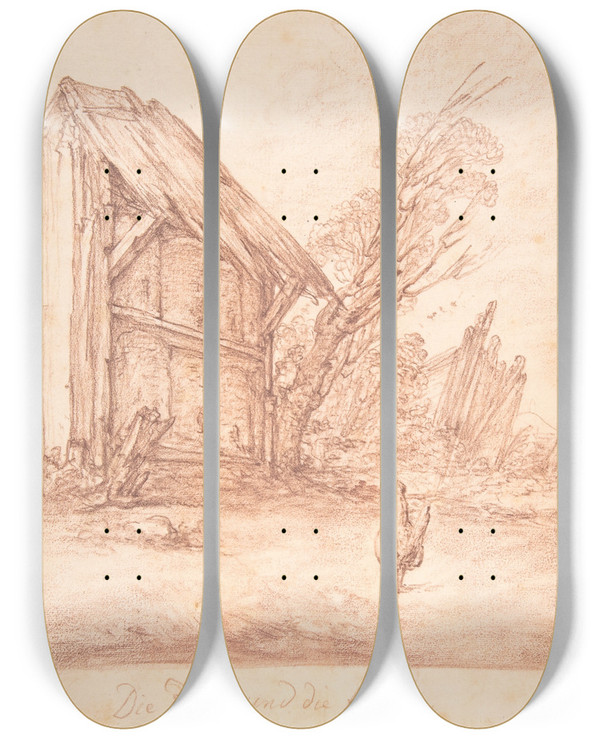 Triptych art skateboard deck of Christian Bernhard Rode The Bee And The Hen by Christian Bernhard Rode (1725-1797)