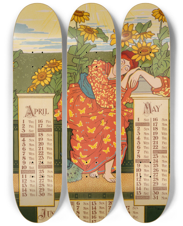 Triptych art skateboard deck of Louis Rhead April May June by Louis Rhead (1857-1926)