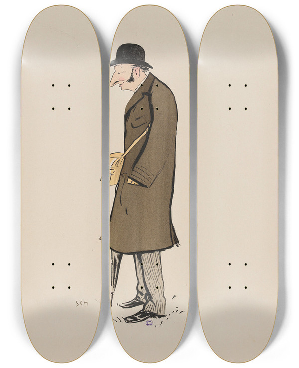 Triptych art skateboard deck of Georges Goursat Sem Monsieur Vallon Entraneur Chantilly by Georges Goursat (Sem) (1863-1934)