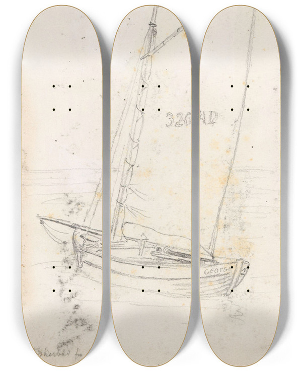 Triptych art skateboard deck of Hans Gude Fiskebten George Fra Arran by Hans Gude (1825-1903)