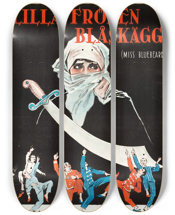 Triptych art skateboard deck of Eric Rohman Miss Bluebeard by Eric Rohman (1891-1949)