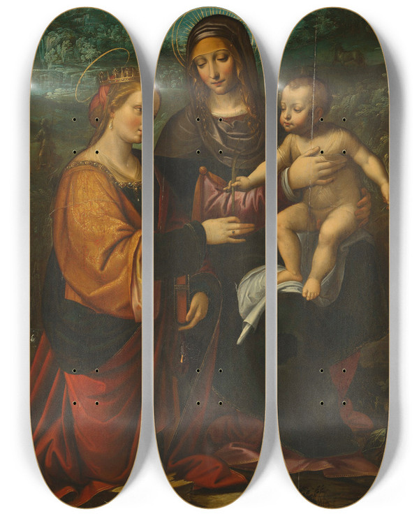 Triptych art skateboard deck of Andrea Bianchi The Madonna And Child With Saint Catherine Of Alexandria In A Landscape by Andrea Bianchi (17-)