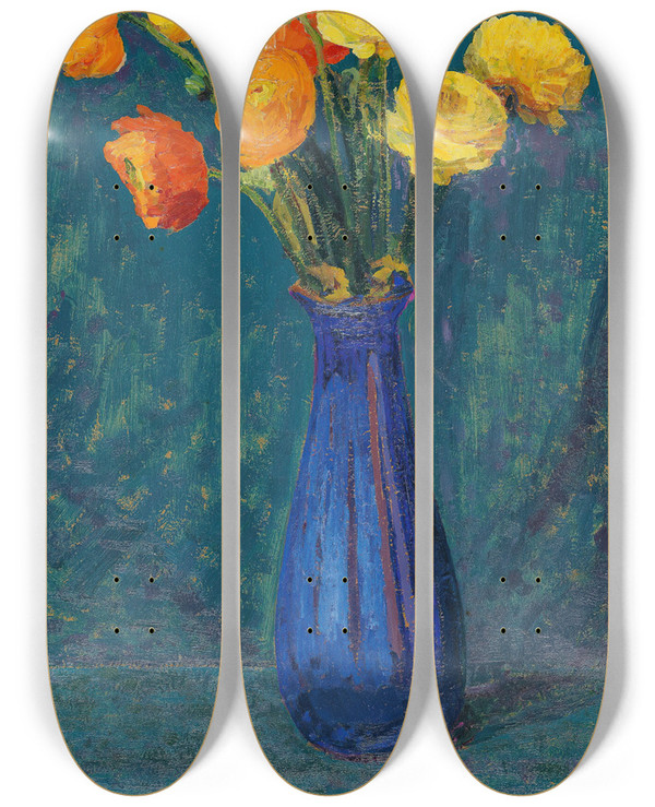 Triptych art skateboard deck of Sigismund Righini Anemones In Blue Vase by Sigismund Righini (1870-1937)