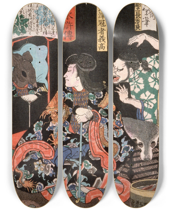 Triptych art skateboard deck of Tsukioka Yoshitoshi Shumitsu Kanja Yoshitaka Reflecting As A Rat In A Mirror by Tsukioka Yoshitoshi (1839-1892)