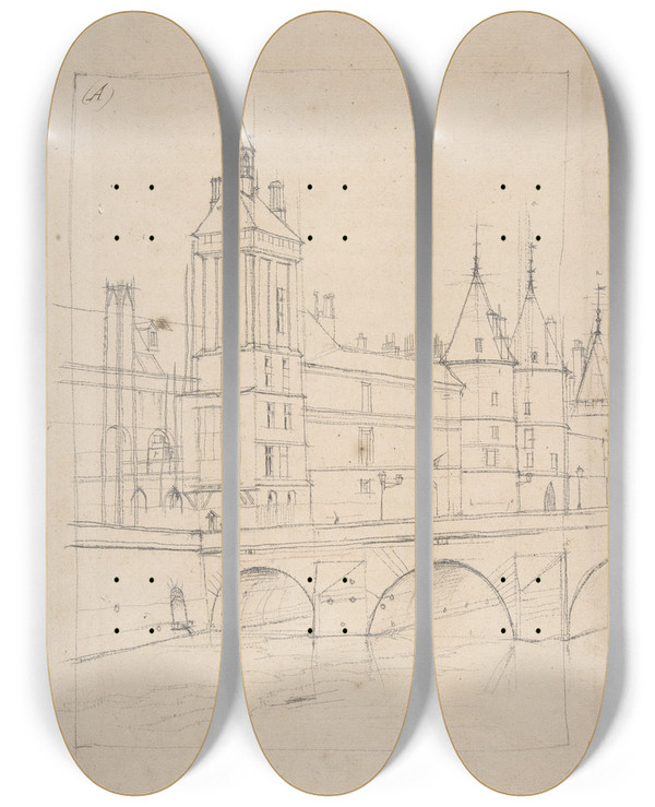 Triptych art skateboard deck of Charles Meryon The Clock Tower by Charles Meryon (1821-1868)