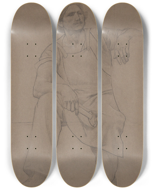 Triptych art skateboard deck of Henry Siddons Mowbray Man With Hammer by Henry Siddons Mowbray (1858-1928)