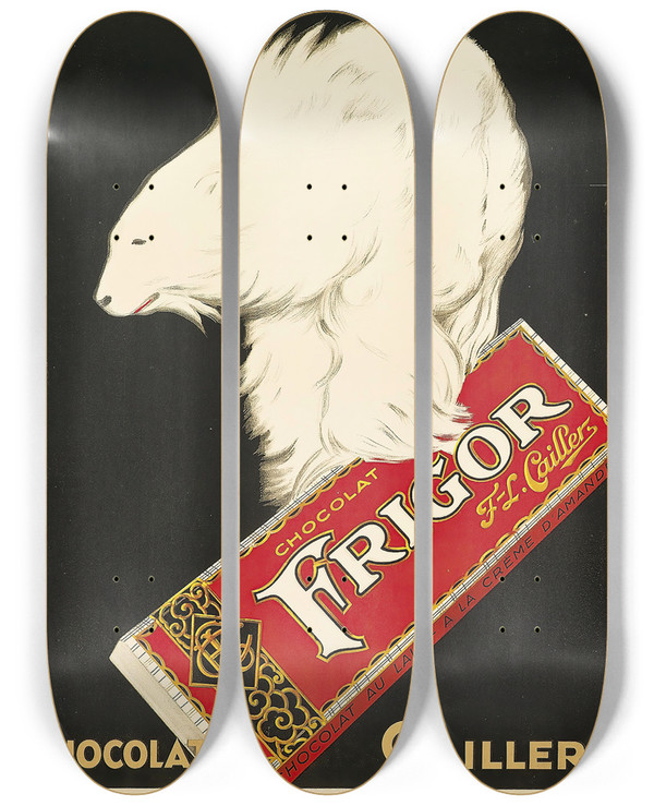 Triptych art skateboard deck of Leonetto Cappiello Frigor Chocolat Cailler by Leonetto Cappiello (1875-1942)