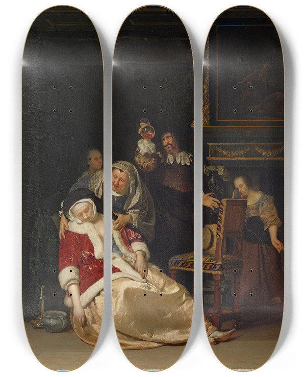 Triptych art skateboard deck of Frans Van Mieris The Elder The Doctors Visit by Frans Van Mieris The Elder (1635-1681)