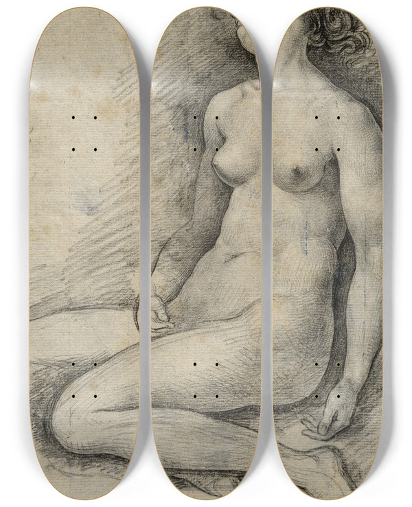 Triptych art skateboard deck of David Humbert De Superville Zittend Vrouwelijk Naakt Hoofd Achterover De Ogen Toe_1 by David Humbert De Superville (1770-1849)