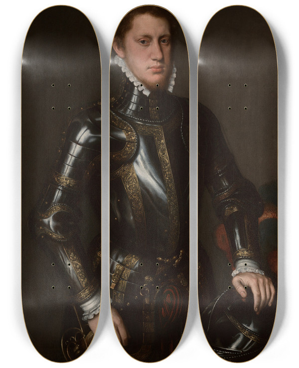 Triptych art skateboard deck of Circle Of Antonis Mor Van Dashorst Portrait Of A Man In Armor by Circle of Antonis Mor van Dashorst