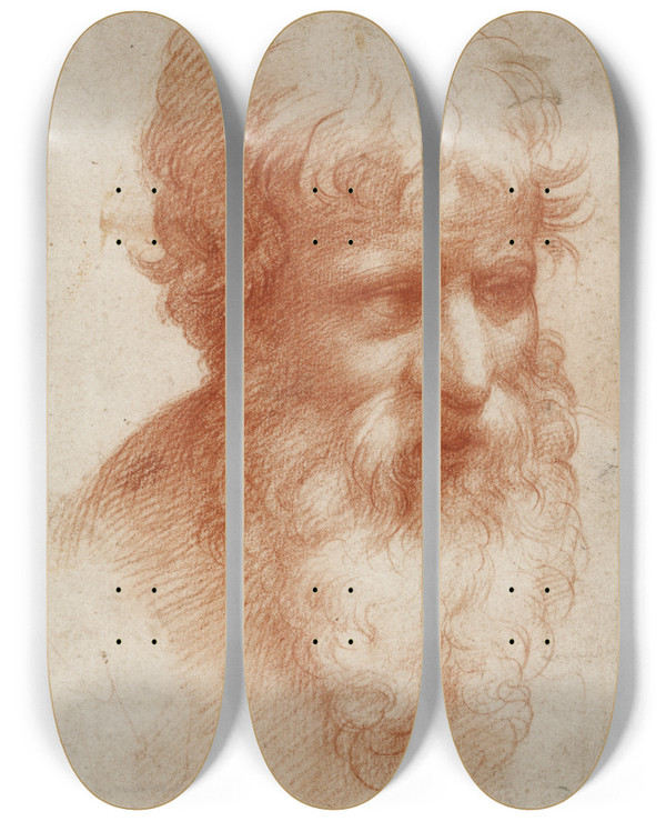 Triptych art skateboard deck of Parmigianino Head Of A Bearded Man Looking Right by Parmigianino (1503-1540)