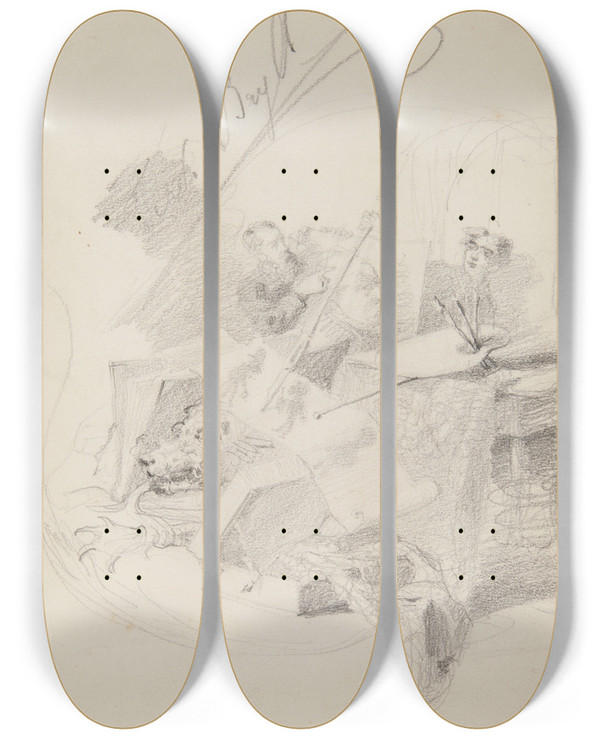 Triptych art skateboard deck of Ferdynand Bryll Scena W Pracowni Malarza by Ferdynand Bryll (1863-1922)