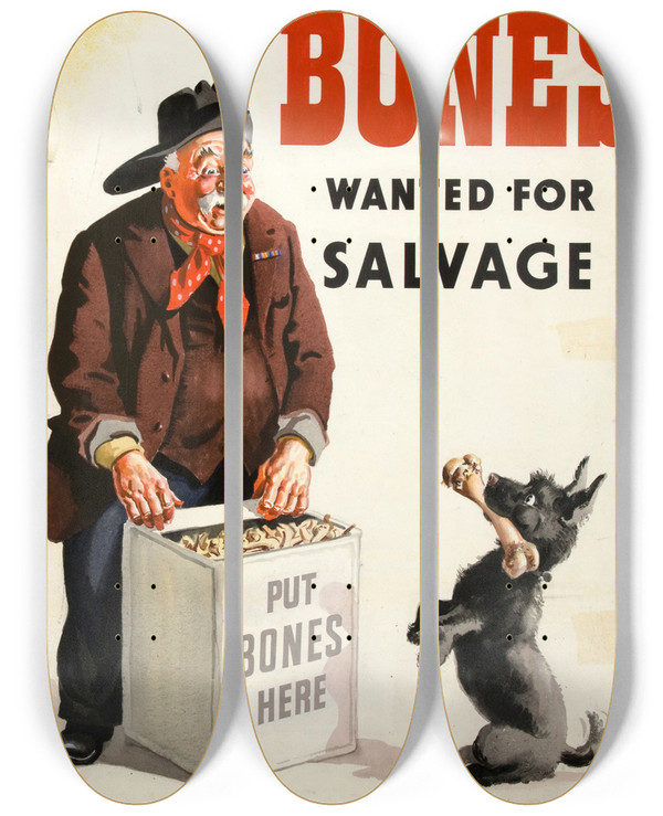 Triptych art skateboard deck of John Gilroy Still More Bones Wanted For Salvage by John Gilroy (1898-1985)