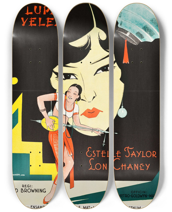 Triptych art skateboard deck of Eric Rohman Where East Is East by Eric Rohman (1891-1949)
