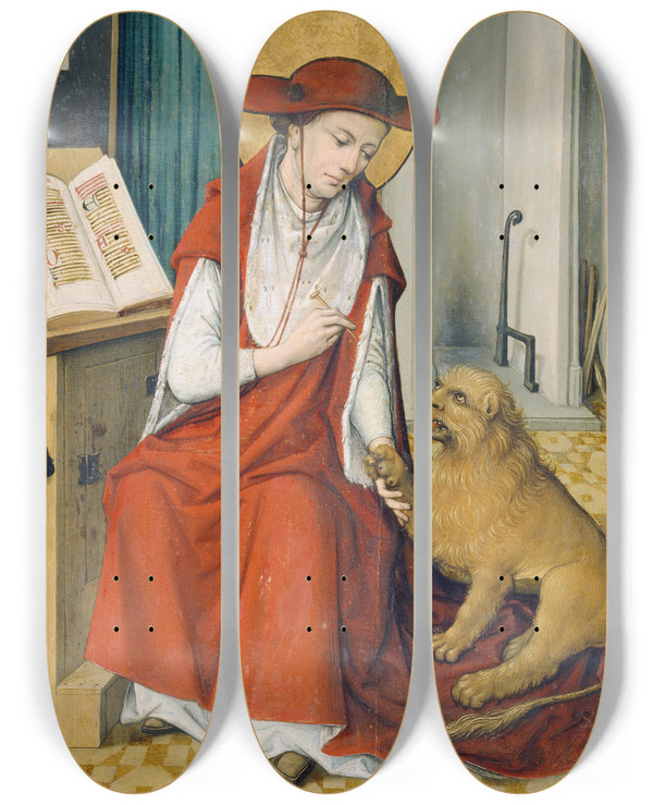Triptych art skateboard deck of Master Of The Housebook  St Jerome In His Study With The Lion by Master Of The Housebook