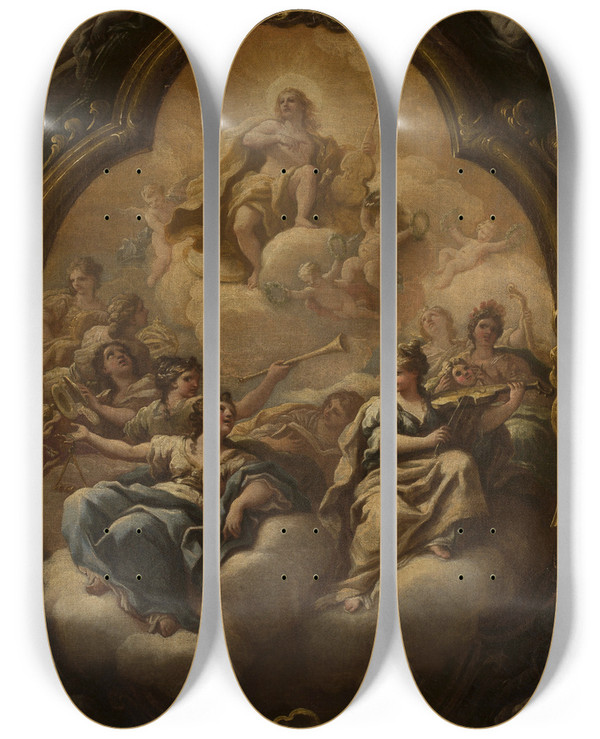 Triptych art skateboard deck of Paolo De Matteis Apollo And Muses by Paolo de Matteis (1662-1728)