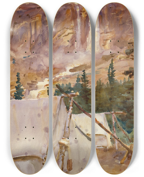Triptych art skateboard deck of John Singer Sargent Camp And Waterfall by John Singer Sargent (1856-1925)