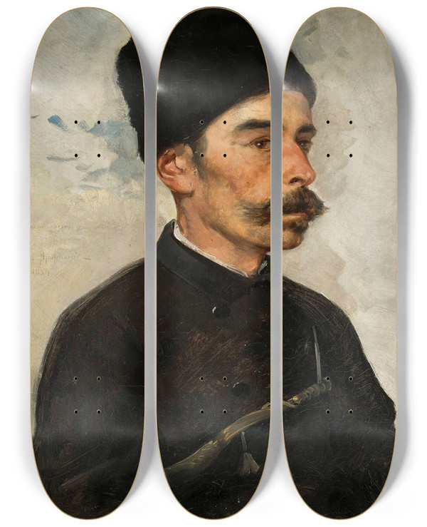 Triptych art skateboard deck of Tadeusz Ajdukiewicz Study Of A Hunter by Tadeusz Ajdukiewicz (1852-1916)
