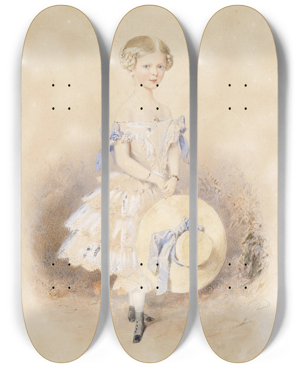 Triptych art skateboard deck of Carl Goebel Mdchen Mit Strohhut by Carl Goebel (1824-1899)