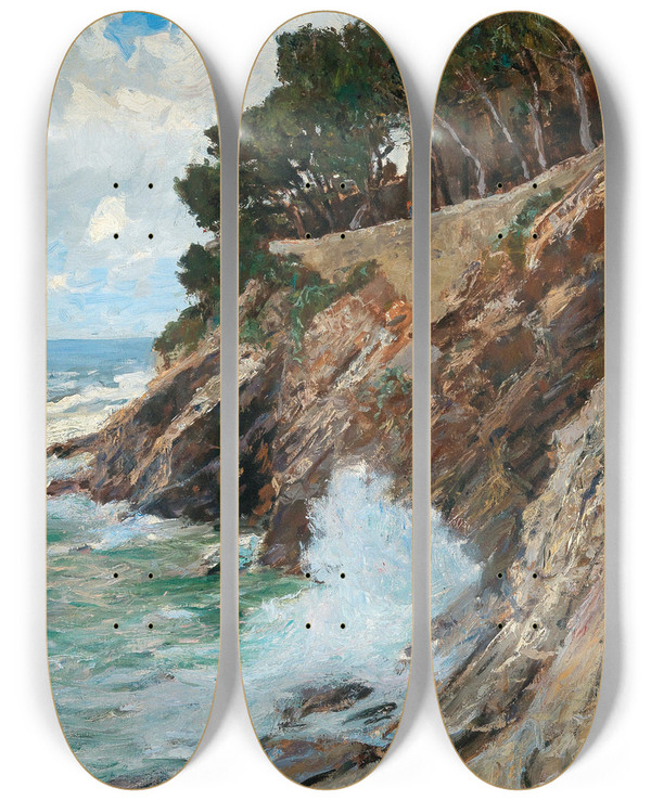 Triptych art skateboard deck of Alfred Zoff Scene On The Nervi Coast by Alfred Zoff (1852-1927)
