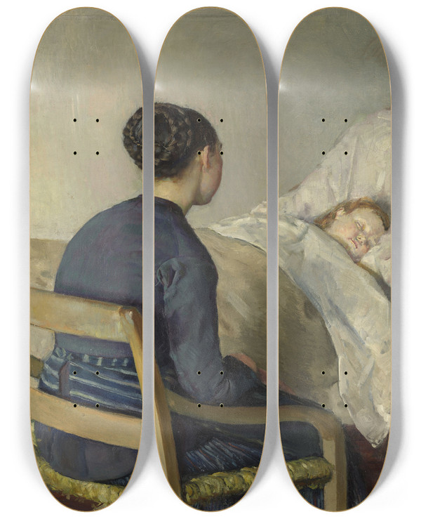 Triptych art skateboard deck of Christian Krohg Mother At Her Childs Bed by Christian Krohg (1852-1925)
