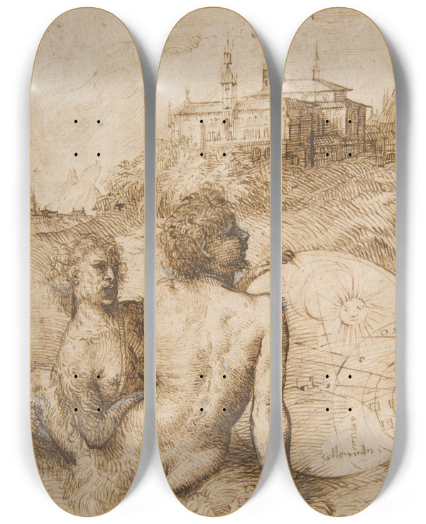 Triptych art skateboard deck of Titian Two Satyrs In A Landscape by Titian (1488-1576)