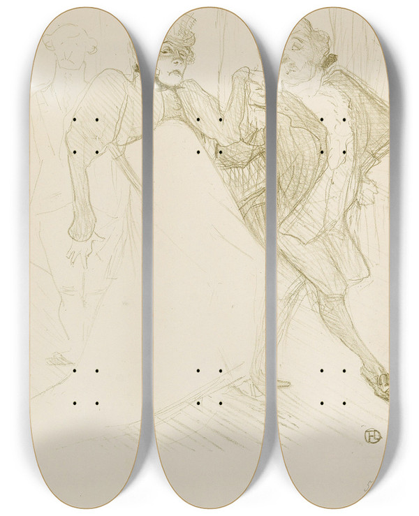 Triptych art skateboard deck of Henri De Toulouselautrec Rjane Et Galipaux Dans Madame Sansgne by Henri de Toulouse-Lautrec (1864-1901)