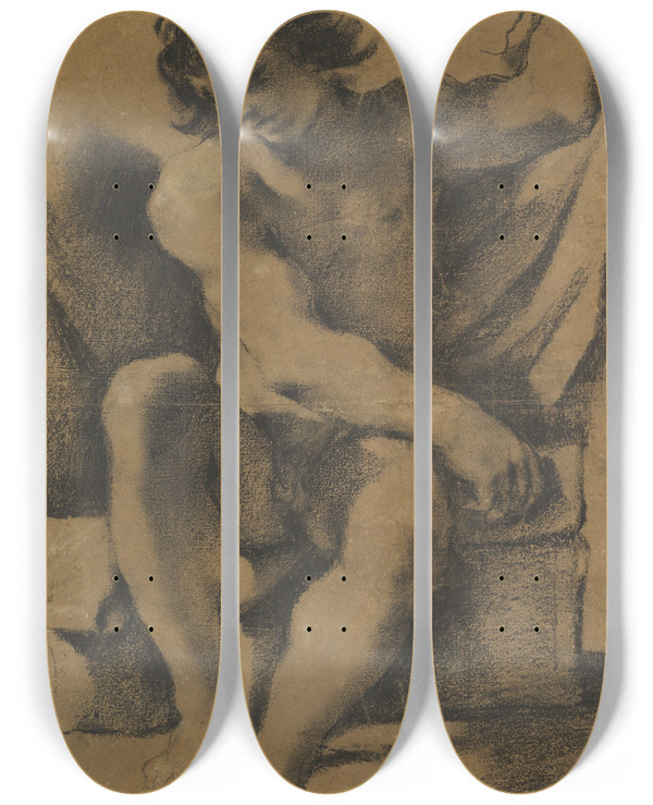 Triptych art skateboard deck of Guercino Seated Nude Young Man In Nearly Frontal View by Guercino (1591-1666)