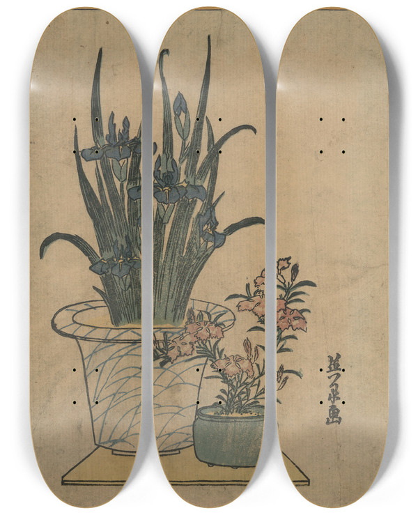 Triptych art skateboard deck of Keisai Eisen Hanashobu Ni Nadeshiko by Keisai Eisen (1790-1848)