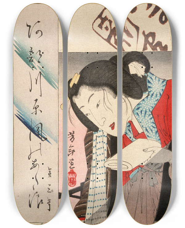 Triptych art skateboard deck of Tsukioka Yoshitoshi Woman Putting Out A Light by Tsukioka Yoshitoshi (1839-1892)