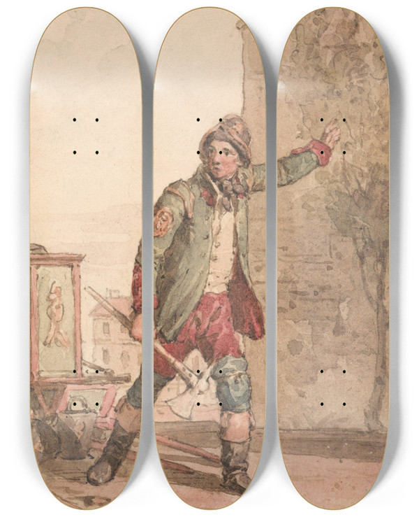 Triptych art skateboard deck of John Augustus Atkinson A Fireman by John Augustus Atkinson (1775-1830)
