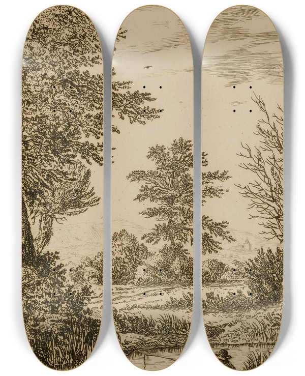 Triptych art skateboard deck of Wilhelm Von Bemmel Landscape With Brook by Wilhelm von Bemmel (1630-1708)