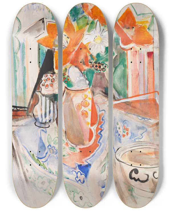 Triptych art skateboard deck of Oskar Moll Blumenstillleben Mit Schssel Und Gestreiftem Krug by Oskar Moll (1875-1947)