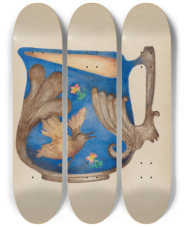 Triptych art skateboard deck of Della Button Majolica Pitcher by Della Button