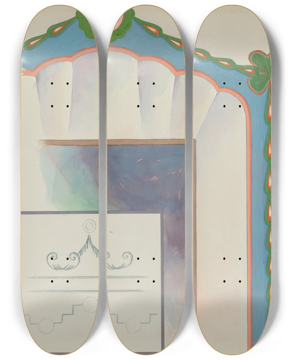 Triptych art skateboard deck of Howard H Sherman Shell Top Doorway San Luis Rey Mission by Howard H Sherman